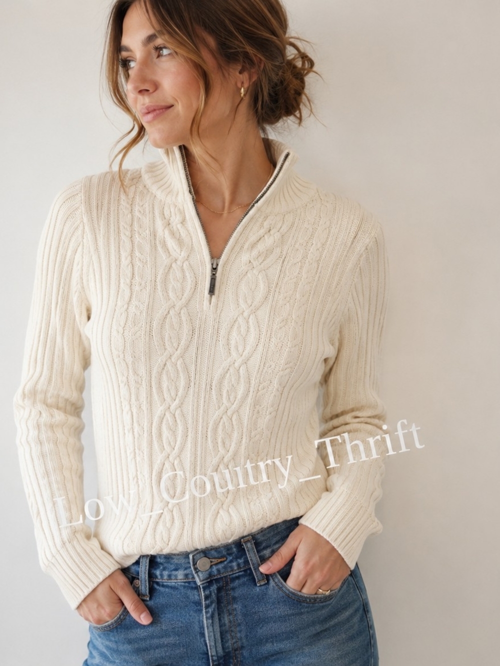 Vintage Lands' End 100% Cotton Cable Knit 1/4 Zip Sweater XS Petite